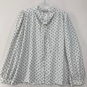 New LOFT Tie Neck Blouse XL White Black Bow Print Button Up Long Sleeve Preppy